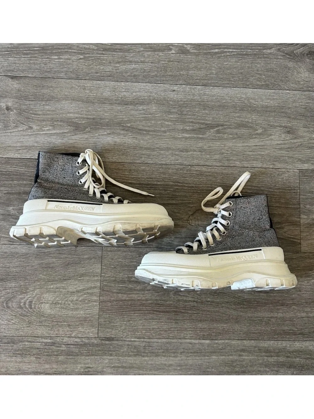 Alexander McQueen Tread Slick High Top Sneakers 37.5 Grey Tweed Platform
